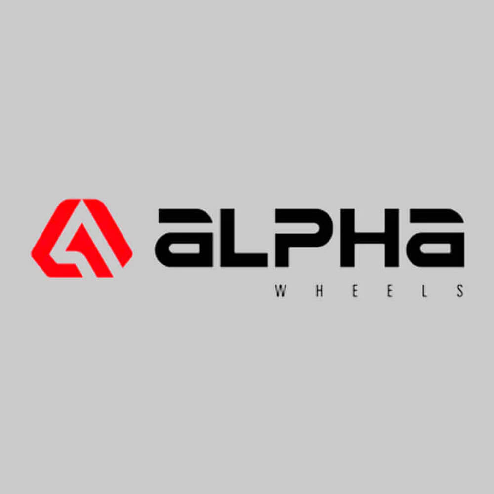 Logo of ALPHAequipt Wheels featuring a stylized red 'A' symbol next to the black text 'ALPHA WHEELS' on a grey background