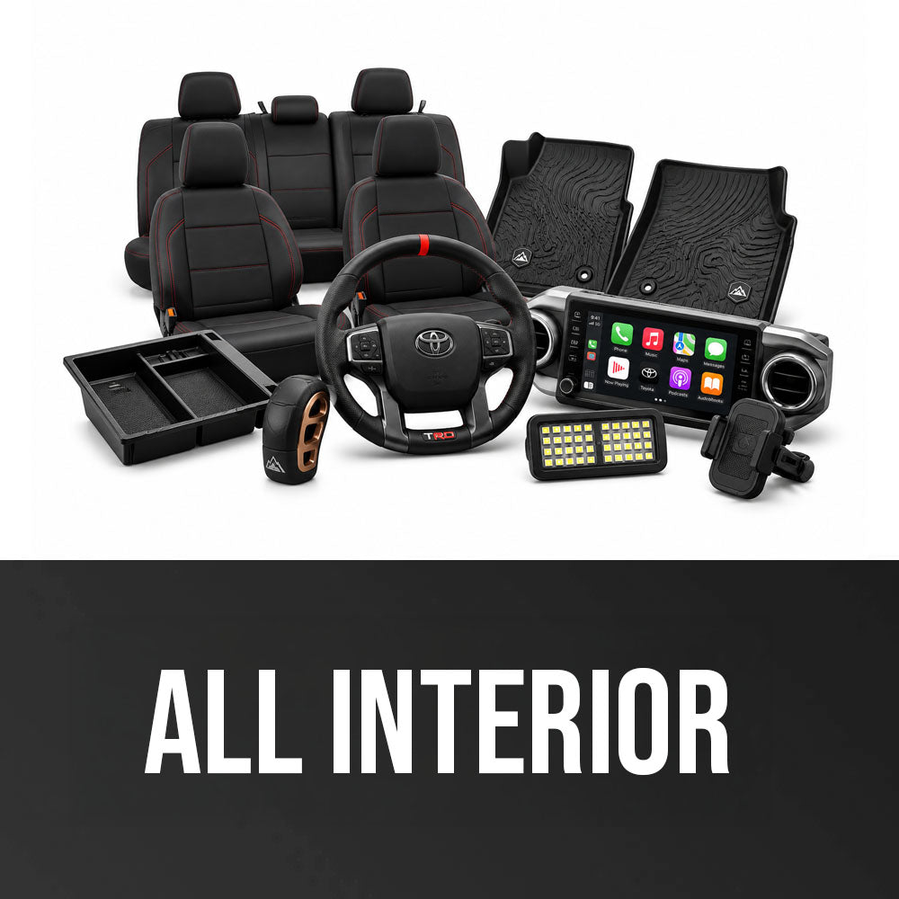 Toyota Tacoma interior upgrades and mods including seat covers, floor mats, steering wheel, head unit and interior accessories