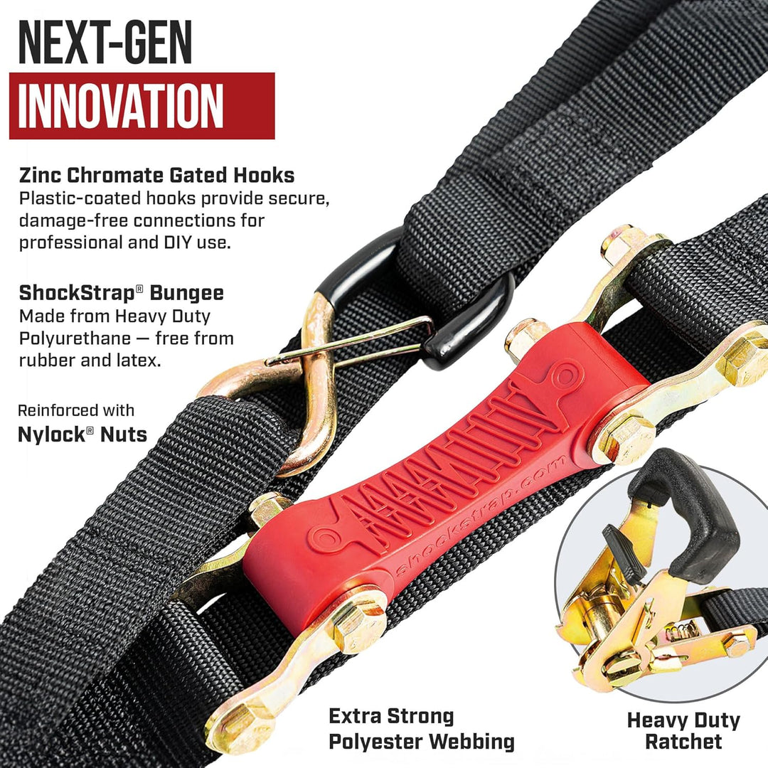 10ft x 1in SHOCKSTRAP® Constant Tension Ratchet Strap, Premium Polyester Webbing, 1,500lb Break Strength, 500lb Working Load Limit