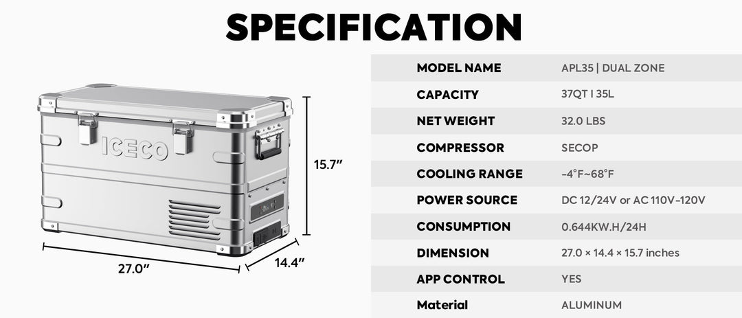 APL35 Dual Zone Aluminum Silver Fridge | ICECO | 35 LT