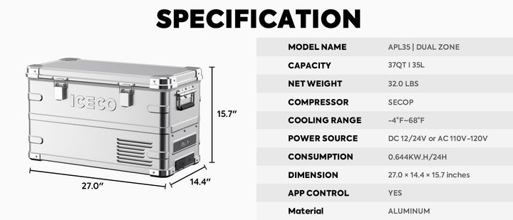 APL35 Dual Zone Aluminum Silver Fridge | ICECO | 35 LT