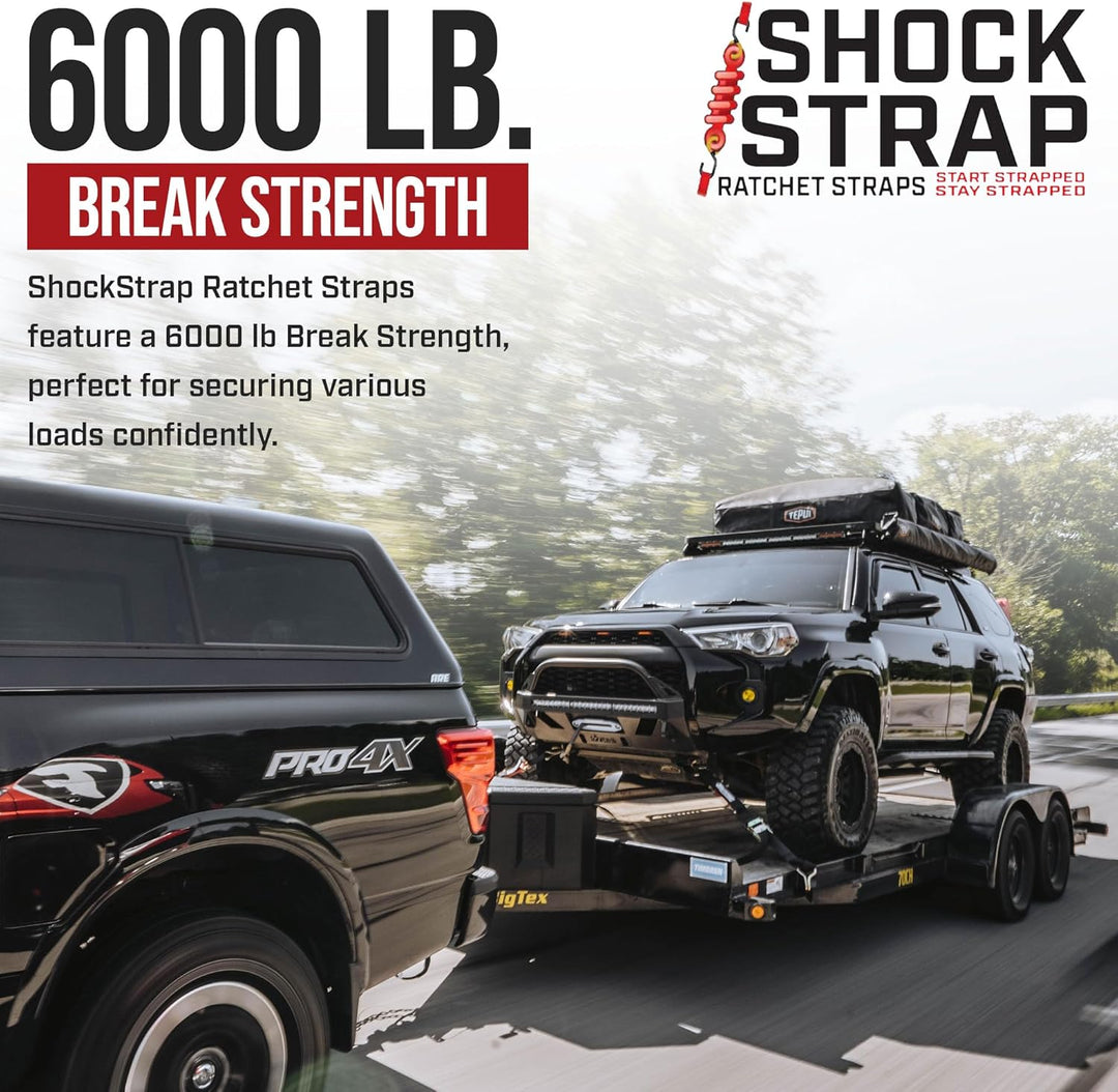9ft x 2in SHOCKSTRAP® Ratchet Strap with Wire Hooks, Premium Polyester Webbing, 6k Break Strength 2k Working Load Limit