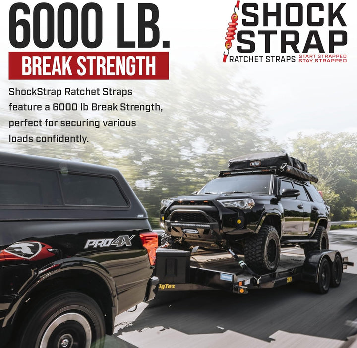 9ft x 2in SHOCKSTRAP® Ratchet Strap with Wire Hooks, Premium Polyester Webbing, 6k Break Strength 2k Working Load Limit