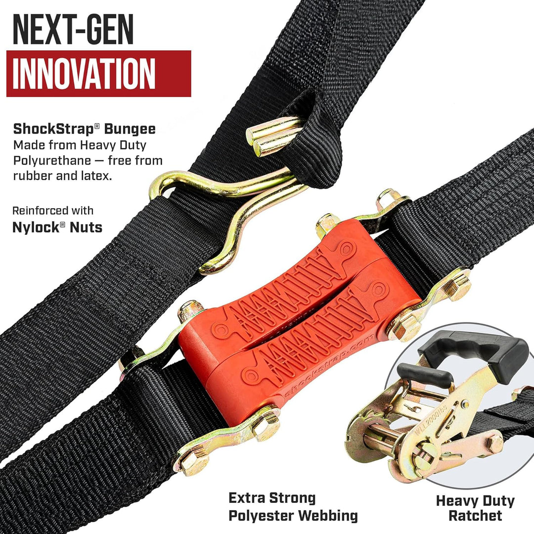 9ft x 2in SHOCKSTRAP® Ratchet Strap with Wire Hooks, Premium Polyester Webbing, 6k Break Strength 2k Working Load Limit