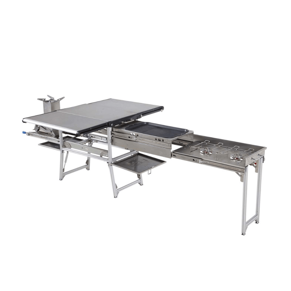 Komodo Camp Kitchen - Dual Grill, Skillet, Folding Shelves, and Rocket Tower - Stainless Steel