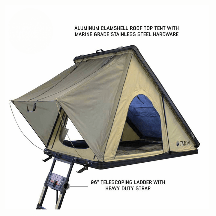 LD TMON Clamshell Aluminum Hard Shell Roof Top Tent - 2 Person Capacity, Tan Body & Green Rainfly
