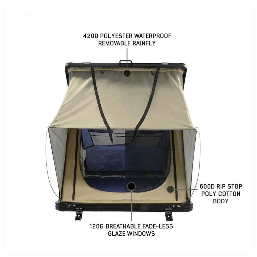 LD TMON Clamshell Aluminum Hard Shell Roof Top Tent - 2 Person Capacity, Tan Body & Green Rainfly