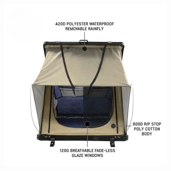 LD TMON Clamshell Aluminum Hard Shell Roof Top Tent - 2 Person Capacity, Tan Body & Green Rainfly