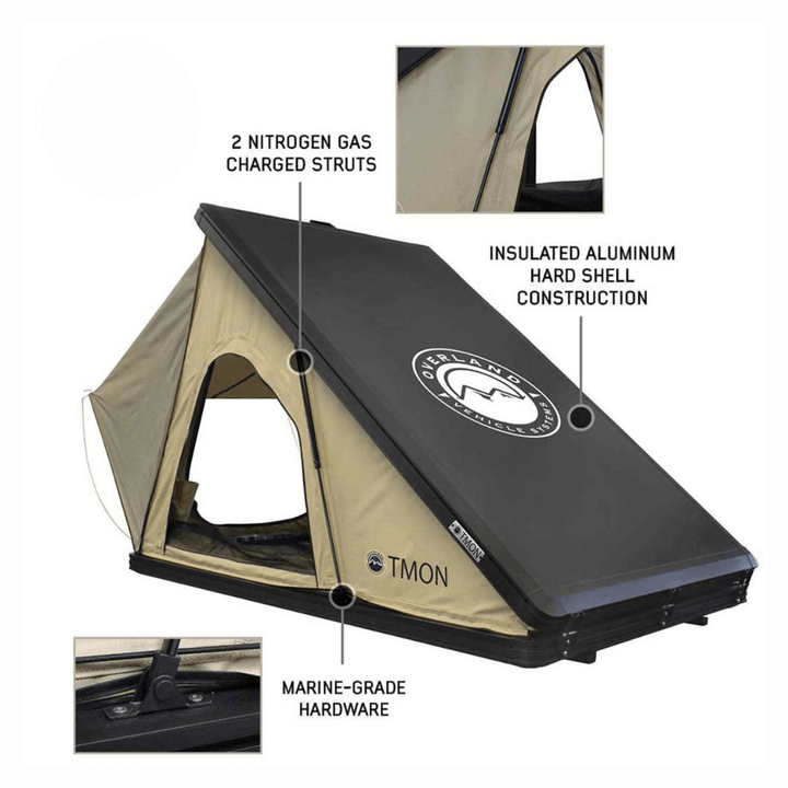LD TMON Clamshell Aluminum Hard Shell Roof Top Tent - 2 Person Capacity, Tan Body & Green Rainfly