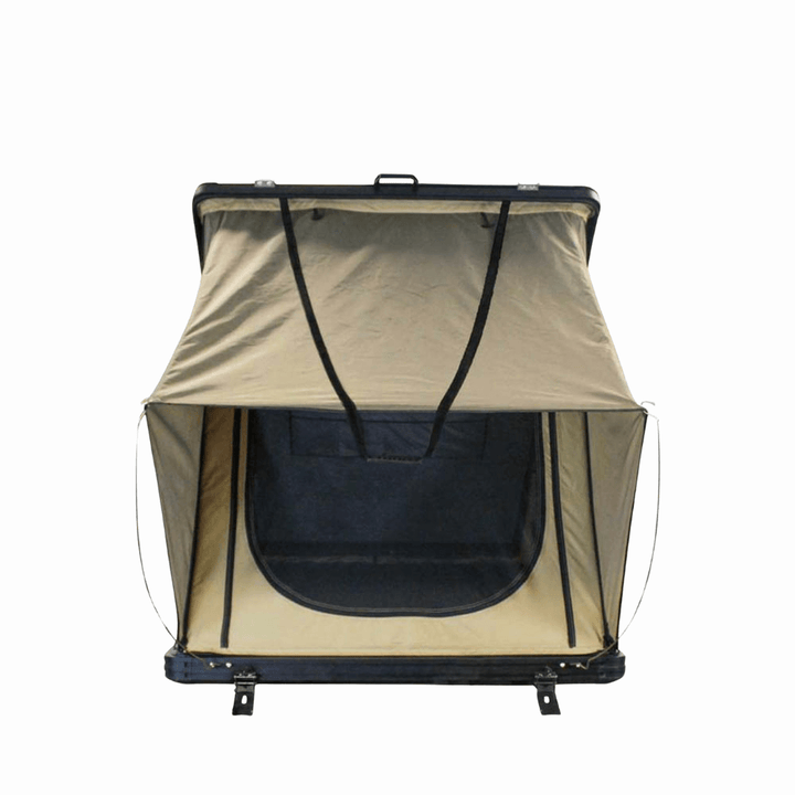 LD TMON Clamshell Aluminum Hard Shell Roof Top Tent - 2 Person Capacity, Tan Body & Green Rainfly