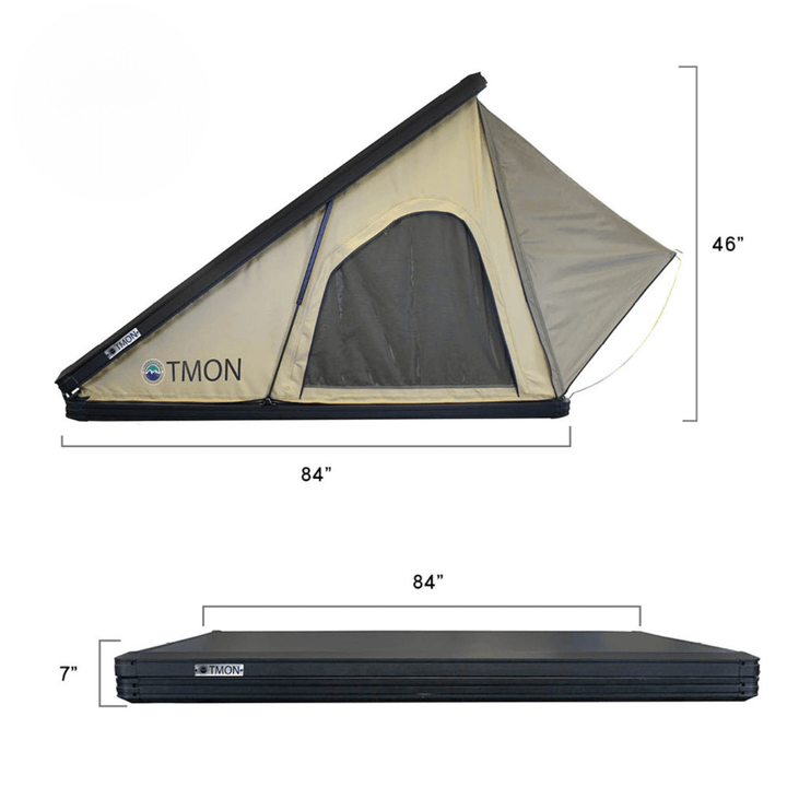 LD TMON Clamshell Aluminum Hard Shell Roof Top Tent - 2 Person Capacity, Tan Body & Green Rainfly
