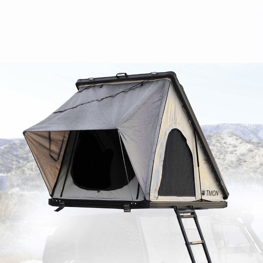 LD TMON Clamshell Aluminum Hard Shell Roof Top Tent - 2 Person Capacity, Tan Body & Green Rainfly