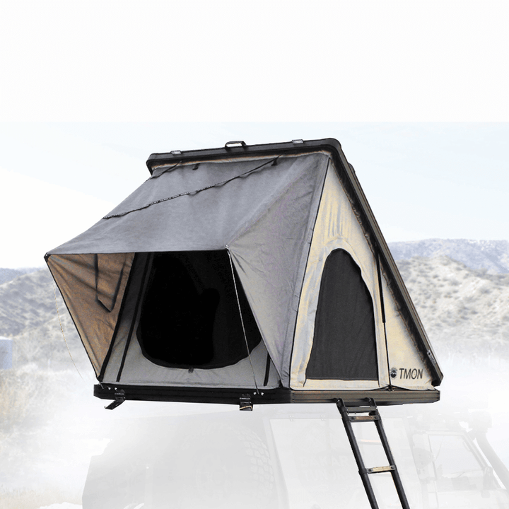 LD TMON Clamshell Aluminum Hard Shell Roof Top Tent - 2 Person Capacity, Tan Body & Green Rainfly